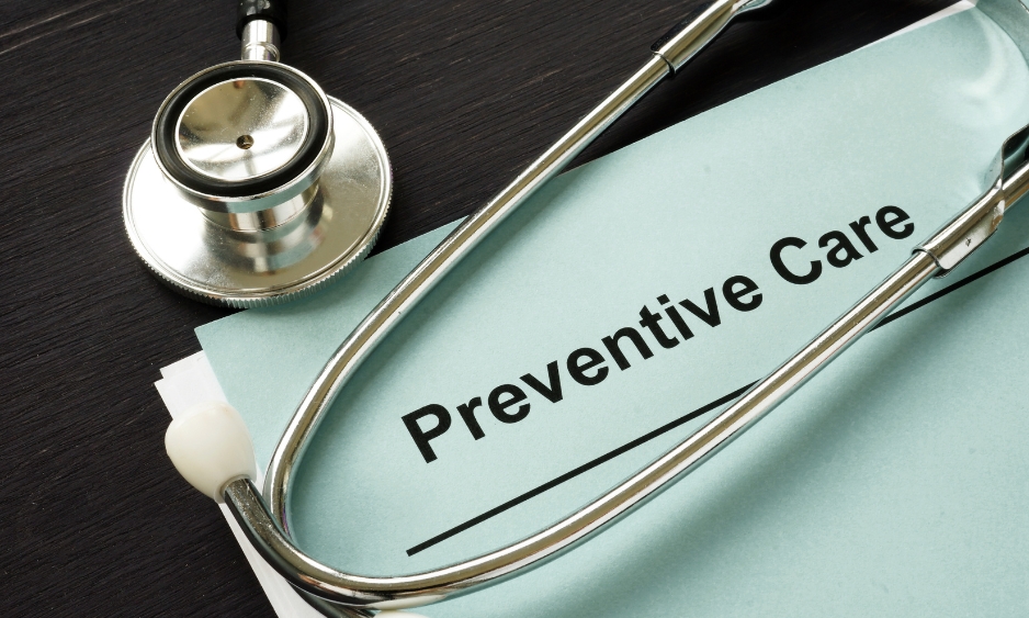 Stethoscope resting on a folder labeled Preventive Care