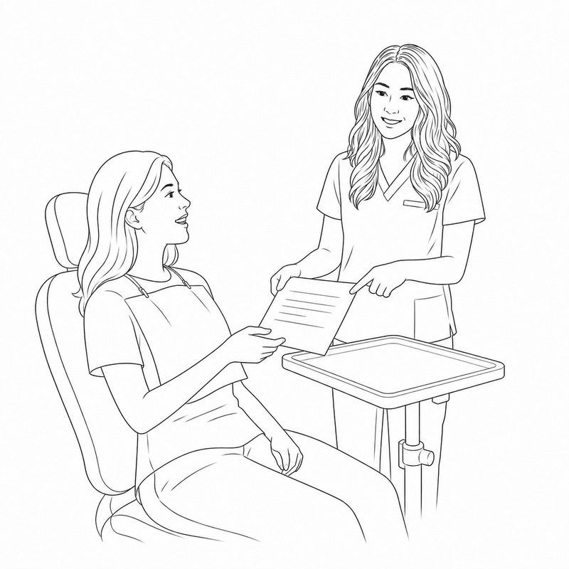 Illustration of the assistant reviewing follow-up scheduling paperwork with the patient before checkout