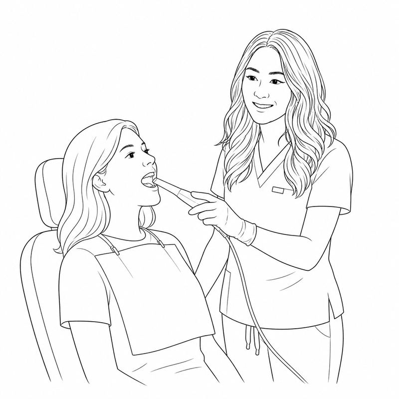 Illustration of an OroMed medical assistant completing an intraoral scan for a patient in the exam chair