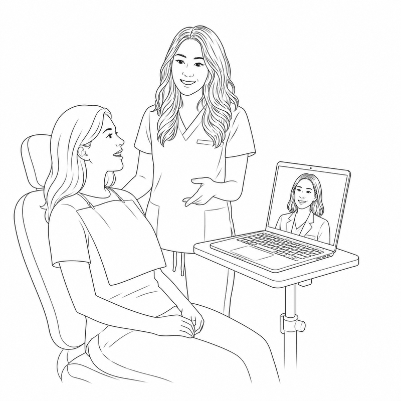 Illustration of a dentist reviewing images and discussing findings with the patient over a laptop video call