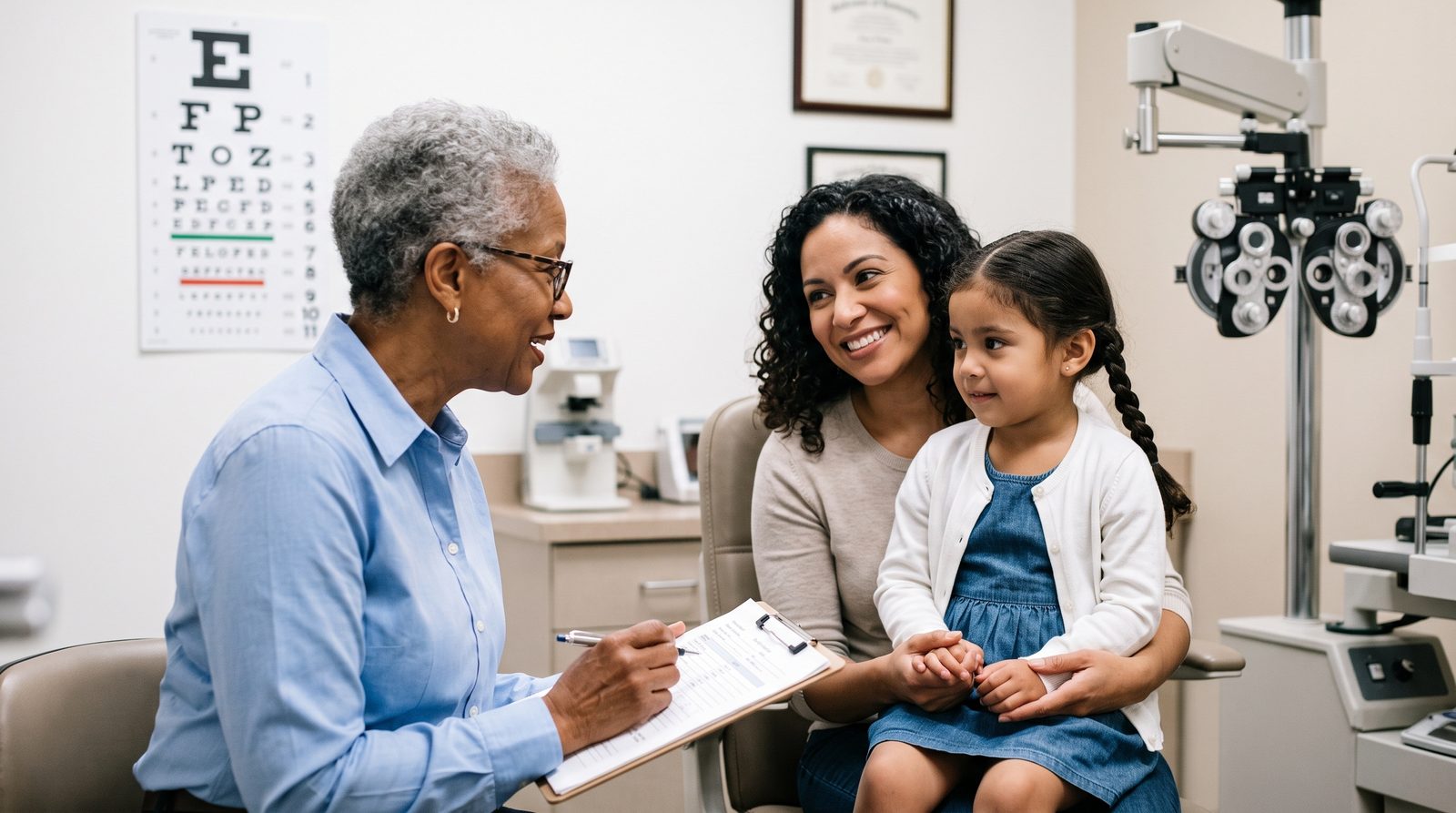 An optometrist examining a young child's vision beside an eye chart while the child's mother looks on